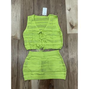 NWT Peaceglad Crochet Green Tie Front Top and Skirt Set Size Medium